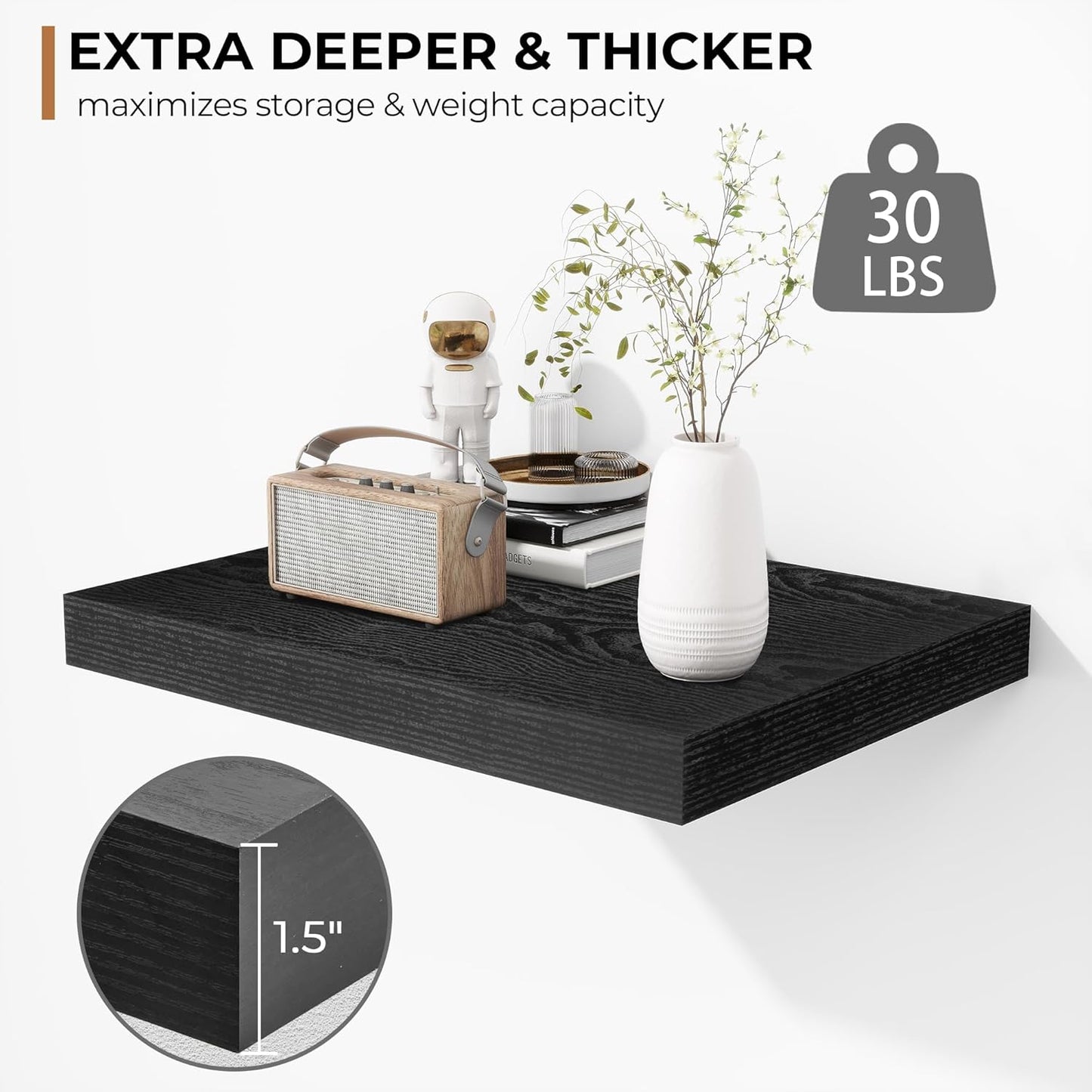 Fun Memories Floating Shelves - 2 Pack 12 Inch Deep Rustic Wooden Wall Shelves - Extra Deeper & Thicker Wall Mounted Storage Shelf for Kitchen, Farmhouse - 16" W x 12" D x 1.5" H - Rustic Black