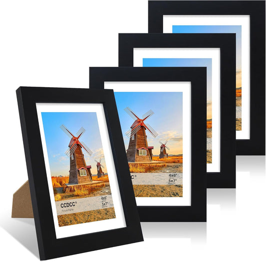 5x7 Picture Frame Set of 4, 5 x 7 Wood Photo Frames with Mat for 4x6, Wooden Frame with Real Glass Cover for Wall and Tabletop Display,Black