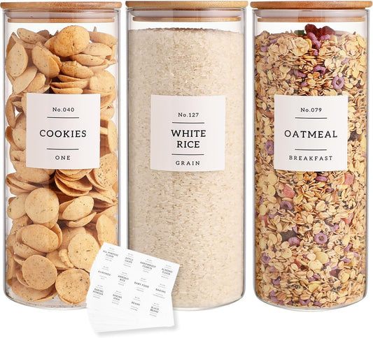 3 Pack Glass Jar with Airtight Bamboo Lid and White 132 Kichen Pantry Labels Preprinted - 56 Oz Clear Tall Glass Food Storage Containers set For Pasta Flour Cookie Rice