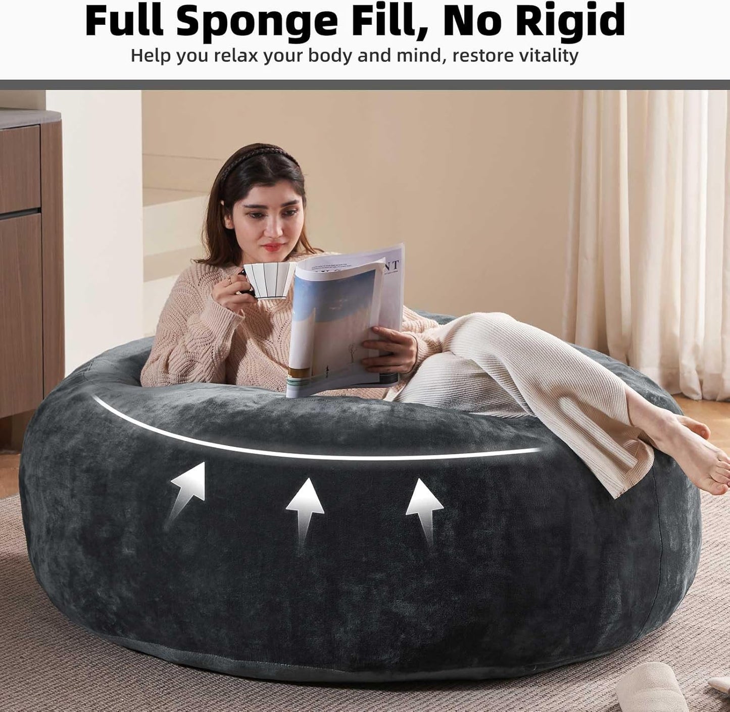 4FT Large Bean Bag Chairs,Big Adult Size Memory Foam Beanbags with Filler Included,Machine Washable Corduroy Cover,Soft Plush Gaming Bing Bag Puff Chair for Dorm, Living Room & Bedroom (Dark Gray)