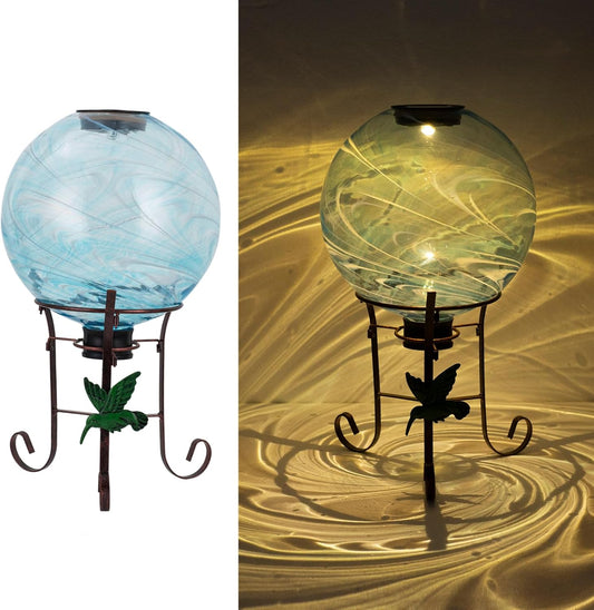 10 Inch Solar Glass Gazing Ball, with 9.4" Tall Metal Gazing Globe Stand, Solar Ball Lights Display Holder Set for Outdoor Garden Lawn Yard Decoration, Blue Water Ripple