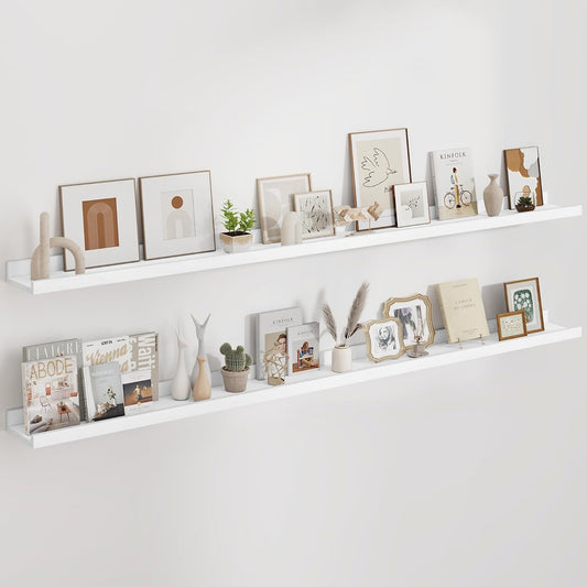 Floating Picture Ledge Shelves 72 Inch Solid Oak Wood Set of 2, Rustic Wall Storage Shelves with Lip, Kids Bookshelf, Photo & Picture Ledge Shelves for Bedroom, Living Room, Kitchen