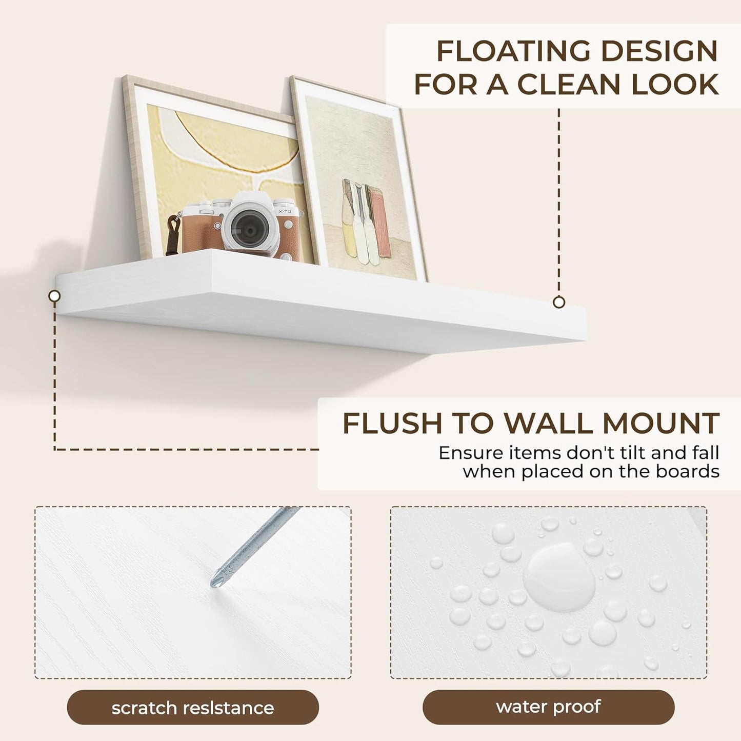 RICHFOCUS 31.5Inch Floating Shelves for Wall 2 Pack Shelves for Bedroom|Kitchen|Bathroom Wall Mounted Rustic Wood Floating Shelf with Invisible Brackets for Books|Storage|Decor, White