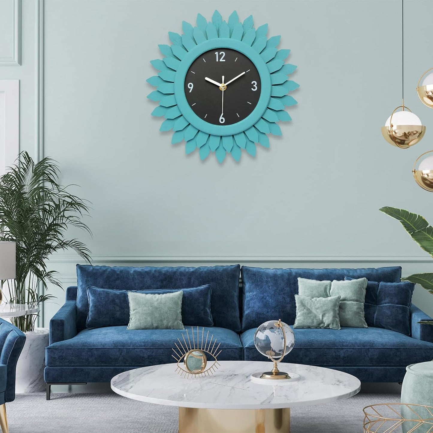 Honiway Wall Clock Battery Operated 12 Inch Rustic Wood Beach Sunburst Decorative Wall Clock Silent Non-Ticking Coastal Wall Decor Clocks for Living Room Kitchen Bathroom Bedroom (Cyan)