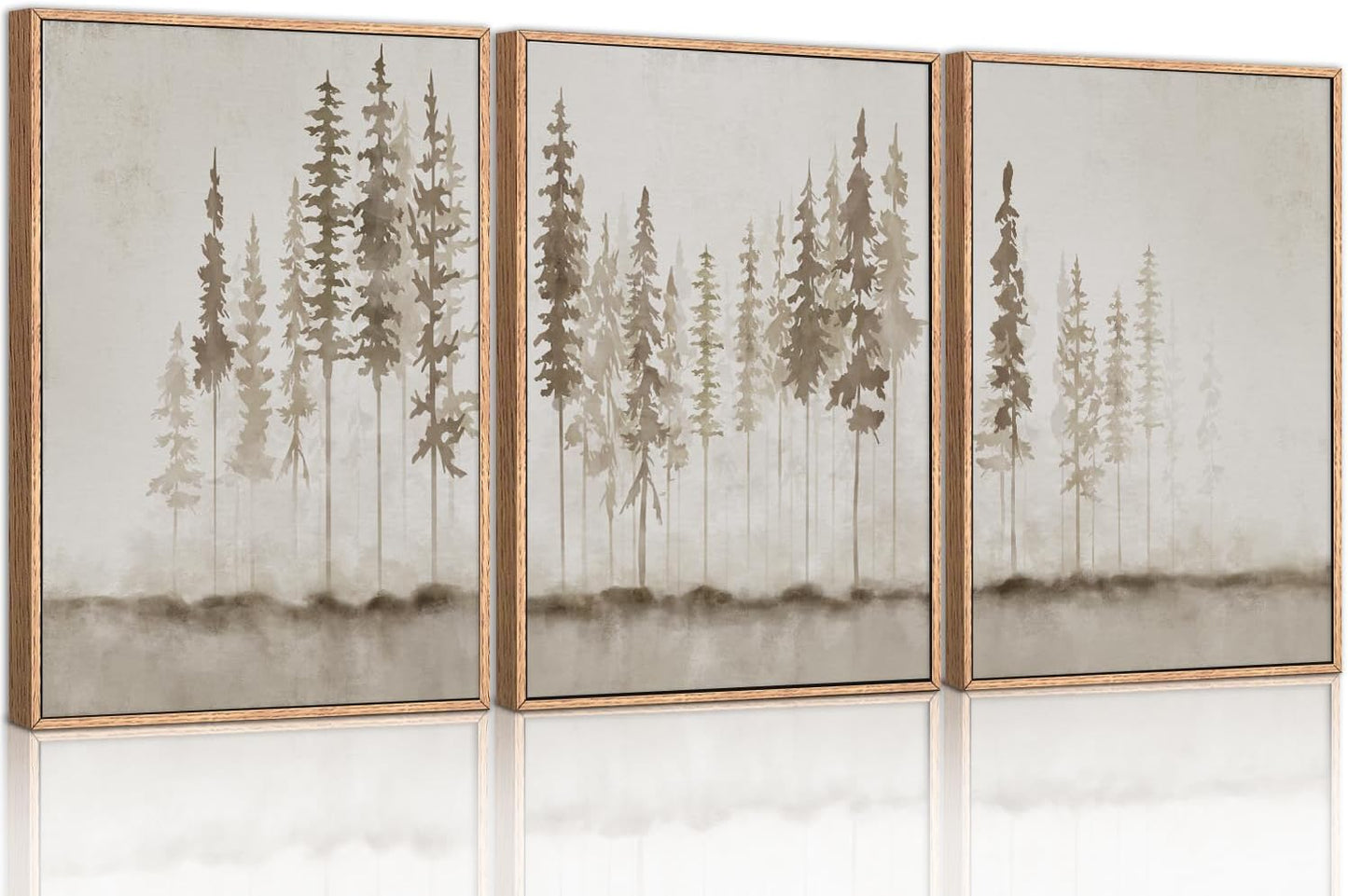 HPINUB Misty Forest Framed Canvas Wall Art Set, Foggy Pine Tree Wall Decor, Pastel Nature Landscape Wall Painting, Evergreen Coniferous Plant Art Print for Living Room, Bedroom, Office-24 x36 x3