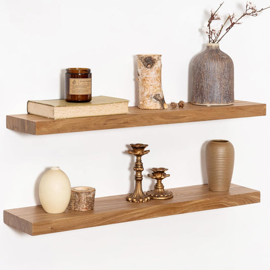 Rustic 30" Floating Shelves, Real Elm Wood Floating Shelf for Wall, Heavy-Duty Wall Shelves for Books, Wooden Floating Shelves with Invisible Bracket for Bathroom, Kitchen, Natural Color, Set of 2