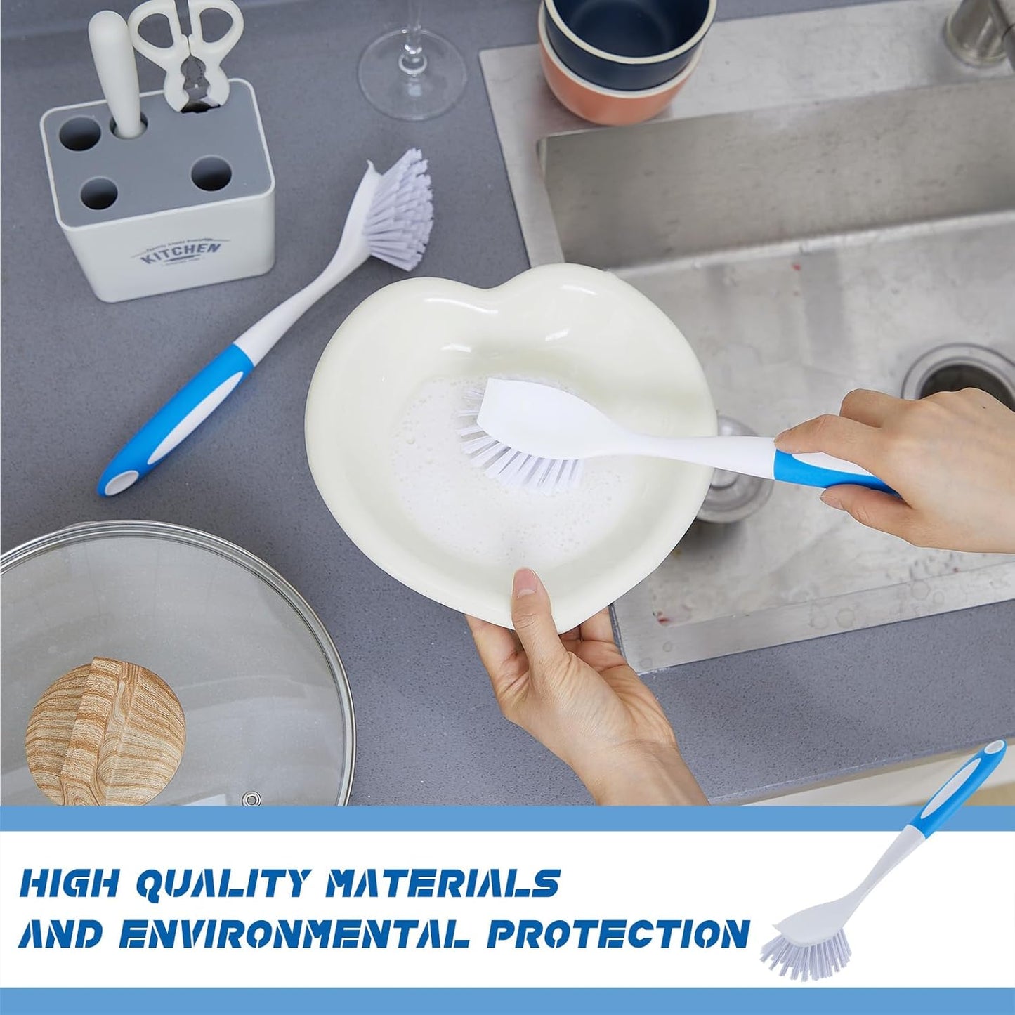 Hsei 10 Pcs Blue Kitchen Scrub Dish Brush Bulk with 11 Inch Anti Slip Handle Cleaning Dish Scrubber with Stiff Bristles Washing Scrub Brushes for Housekeeping for Pots and Pans, Kitchen Sink