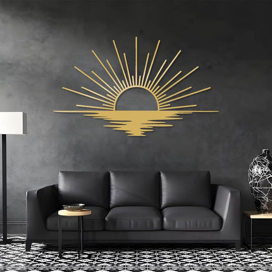 Sunrise Metal Wall Art, Metal Sun Wall Decor, Sun Outdoor Wall Art, Abstract Sunrise Wall Decor, Boho Home Hanging, Living Room Wall Hanging (Gold, 59"x35"/150x90cm)