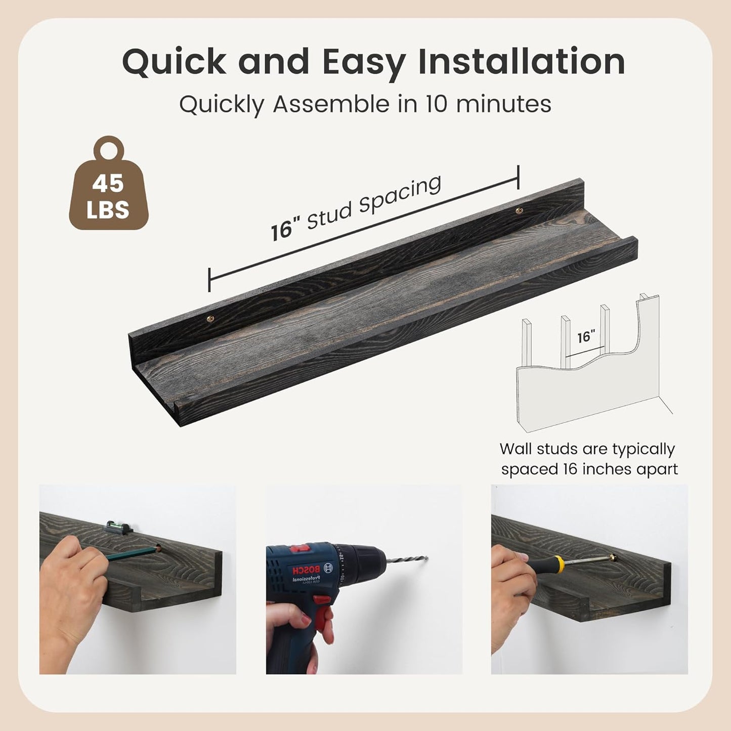 24 Inches Floating Shelves for Wall, Solid Pine Wood Picture Ledge Shelves, Wall Shelves with Lips, Nursery Book Shelves for Toys Storage Living Room Bedroom Photo Frames (2 Pcs, Grey)