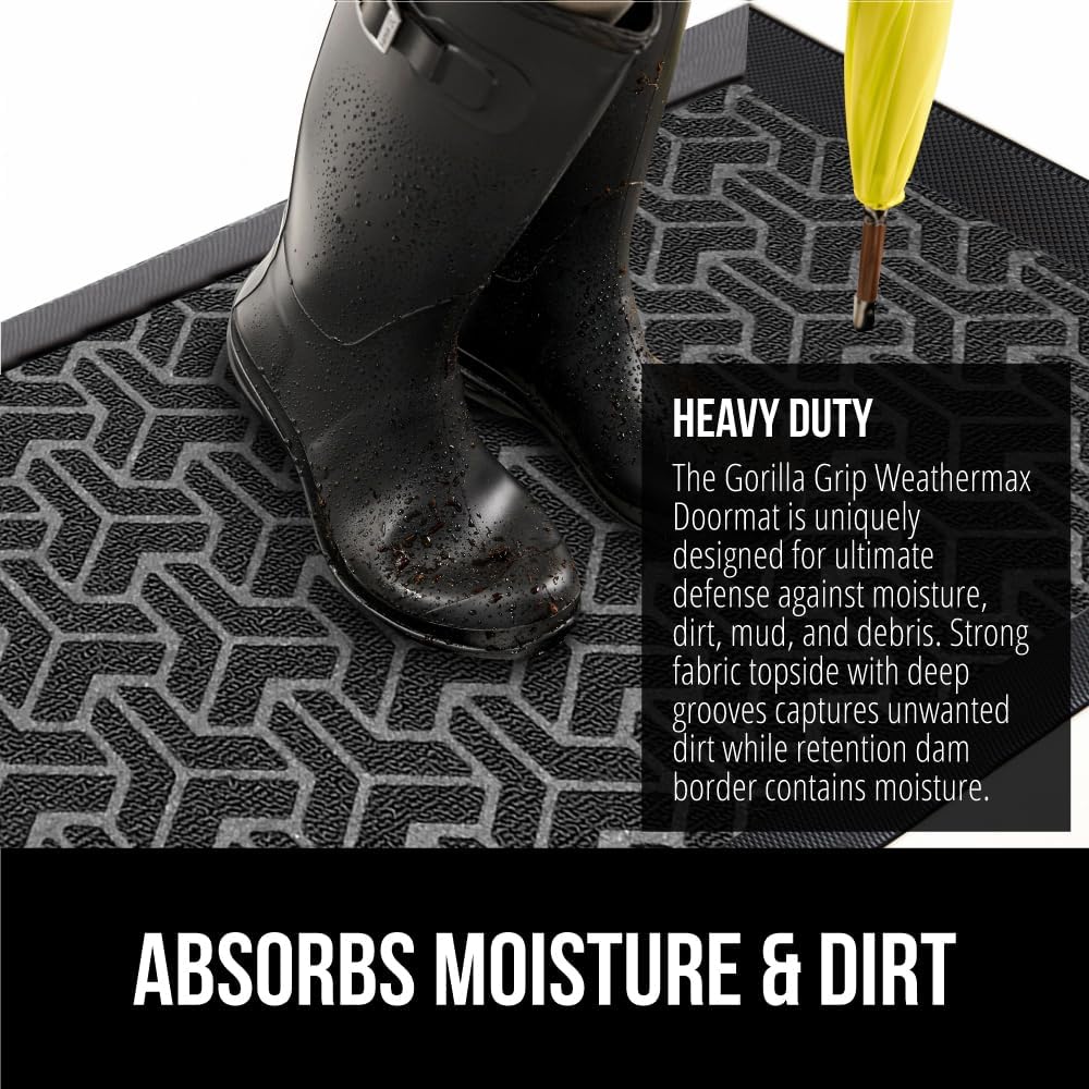 GORILLA GRIP 100% Waterproof All-Season WeatherMax Doormat 35x23, US Designed Natural Rubber, Stain and Fade Resistant, Low Profile Indoor Outdoor Door Mats, Easy Clean Patio Mat, Slate Geometric