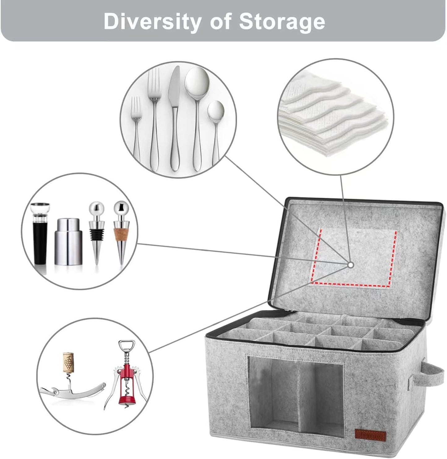 2 Pack Wine Glass Storage Box with Dividers, Stemware Storage Containers for Packing and Moving, China Storage Containers Box for 12 Crystal Glassware, Wine Glasses, Drinkware,Light Gray