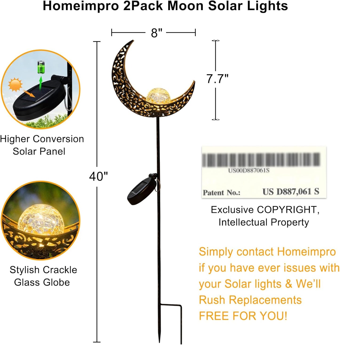2Pack Moon Garden Solar Lights Outdoor Stakes Waterproof, Gifts for Mom, Crackle Glass Patio, Backyard Decorations, Balcony Lawn Ornaments, for Women Men Grandma (Bronze)