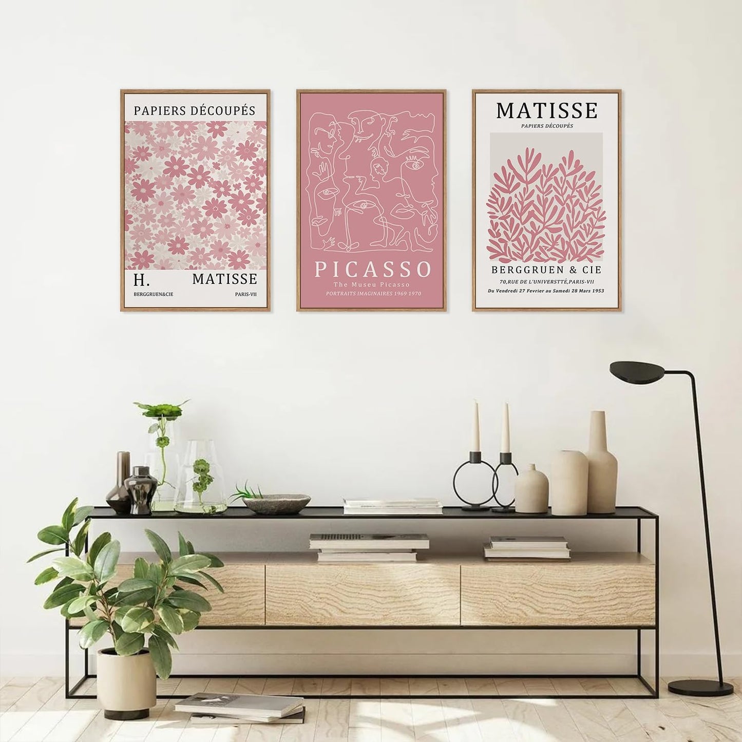 HLNIUC Matisse Pink Wall Art,Neutral Pink Flower Framed Canvas Wall Decor Set of 3(16”x24’) Modern Aesthetic Pictures Wall Painting,Abstract Flower Market Art Print for Living Room,Bedroom