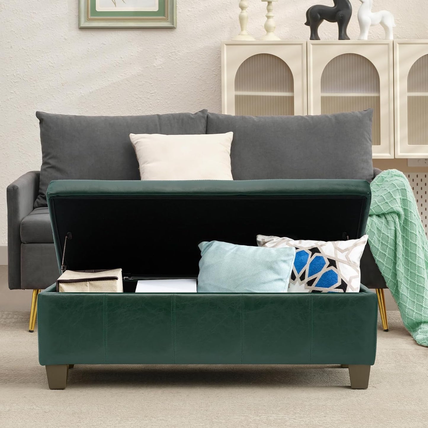 Green Faux Leather Ottoman with Storage, Rectangular Extra Long Storage Bench for Bedroom and Living Room