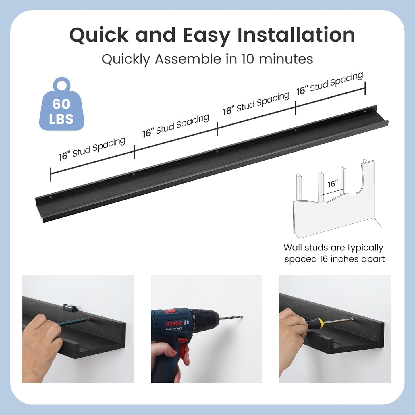 Picture Ledge Shelf, Floating Shelves Set of 2, Solid Pine Wood 72'' Long Large Nursery Book Shelves for Toys Storage, Kids Bookshelf for Living Room Bedroom Decor Books Photo Frames, Black