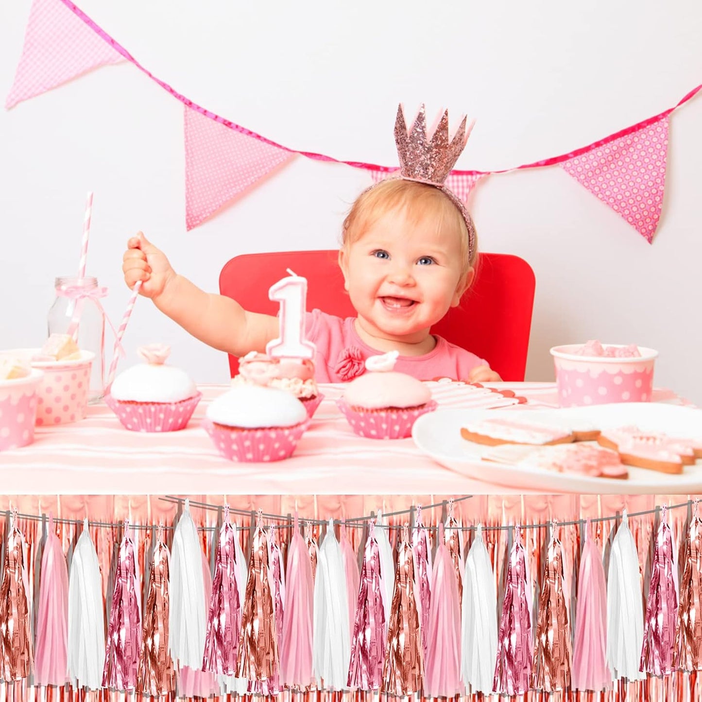 4P Pink White Peach Rose Gold Tassels Party Tassel Garland Banner, Tassels Banner Streamers for Parade Floats, Bachelorette, Wedding, Birthday, Christmas, Bridal/Baby Shower Party Decorations