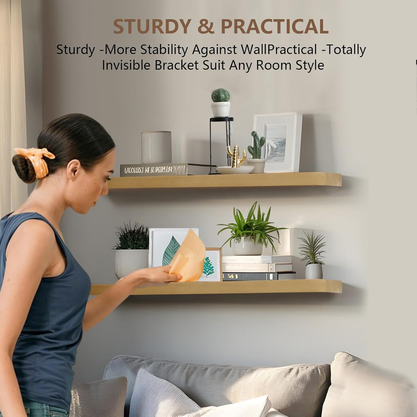 Solid Wood Floating Shelves Set of 2 - Natural, Warp & Crack Resistant 35.43 Inch Wall Shelf with Invisible Brackets Thicker, More Durable for Bathroom, Bedroom, Kitchen, Living Room (Wood, 35.43)