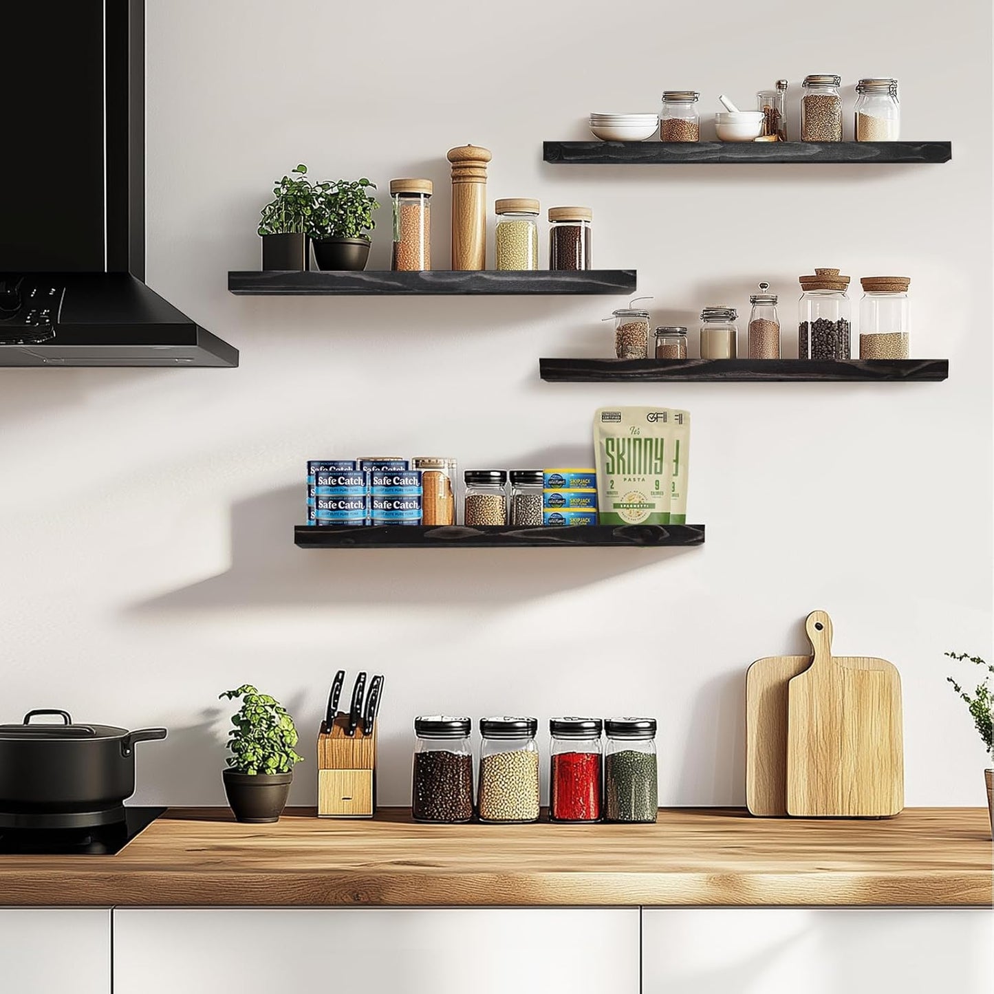 Floating Wall Shelves 4-Pack - Rustic Black 16-inch Wooden Wall Shelves for Storage and Décor, Multi-Functional and Easy to Install for Living Room, Bedroom, and Kitchen