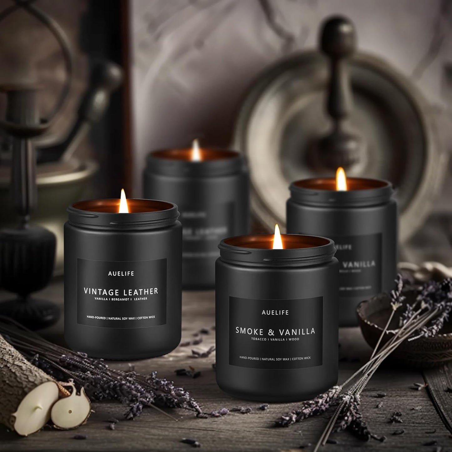 2 Pack Men Candles | Smoke & Vanilla + Vintage Leather - Scented Candles for Men - Masculines Candle - Soy Candle for Home Scented, Man Gifts, Black Jar - 7oz