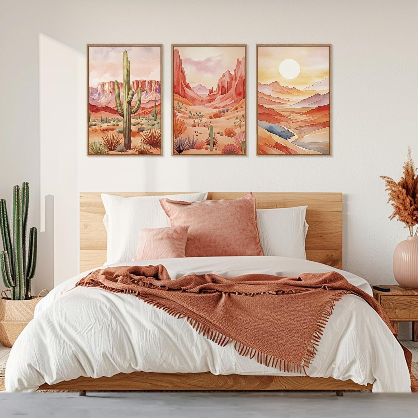 HLNIUC Boho Desert Plant Framed Canvas Wall Art Set,Southwestern Sun Mountain Wall Decor,Cactus Sunset Landscape Wall Painting,Watercolor Abstract Desert Art Prints for Living Room,Bedroom - 16”x24”x3