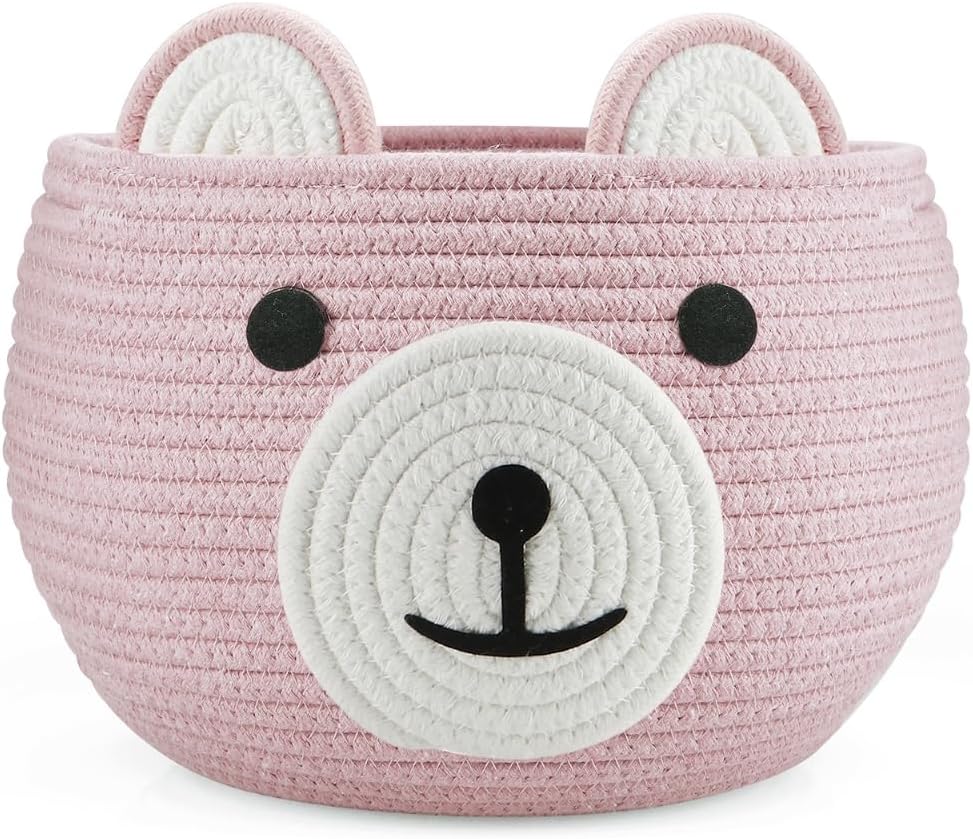 PandaEar Cotton Rope Baby Basket, Baby Gift Basket Nursery Laundry Organizer with Cute Bear Design for Storage Infant Newborn Essentials, Diaper Caddy with Handle (Pink)