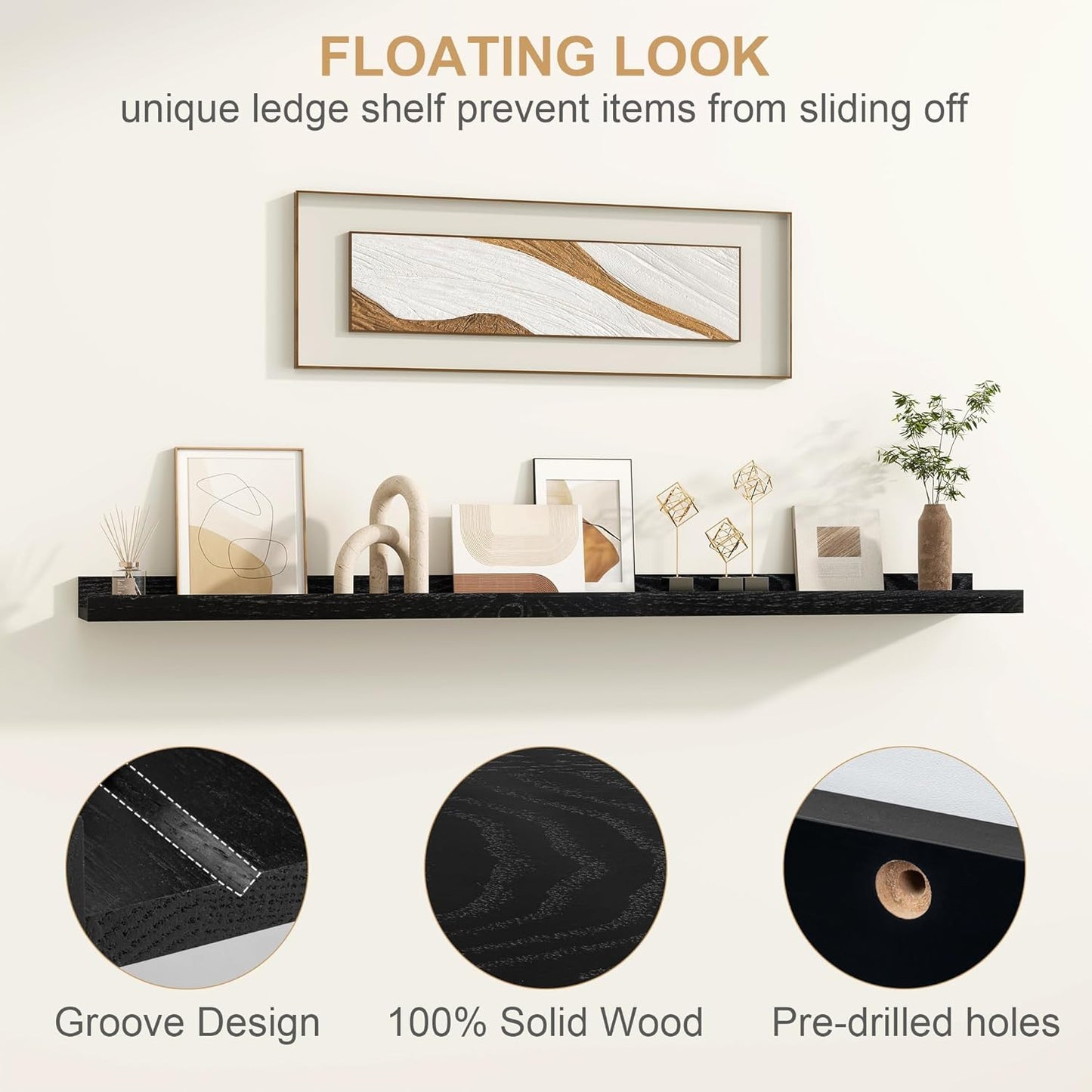 Floating Picture Ledge Shelves 72 Inch Solid Oak Wood Set of 2, Rustic Wall Storage Shelves with Lip, Kids Bookshelf, Photo & Picture Ledge Shelves for Bedroom, Living Room, Kitchen