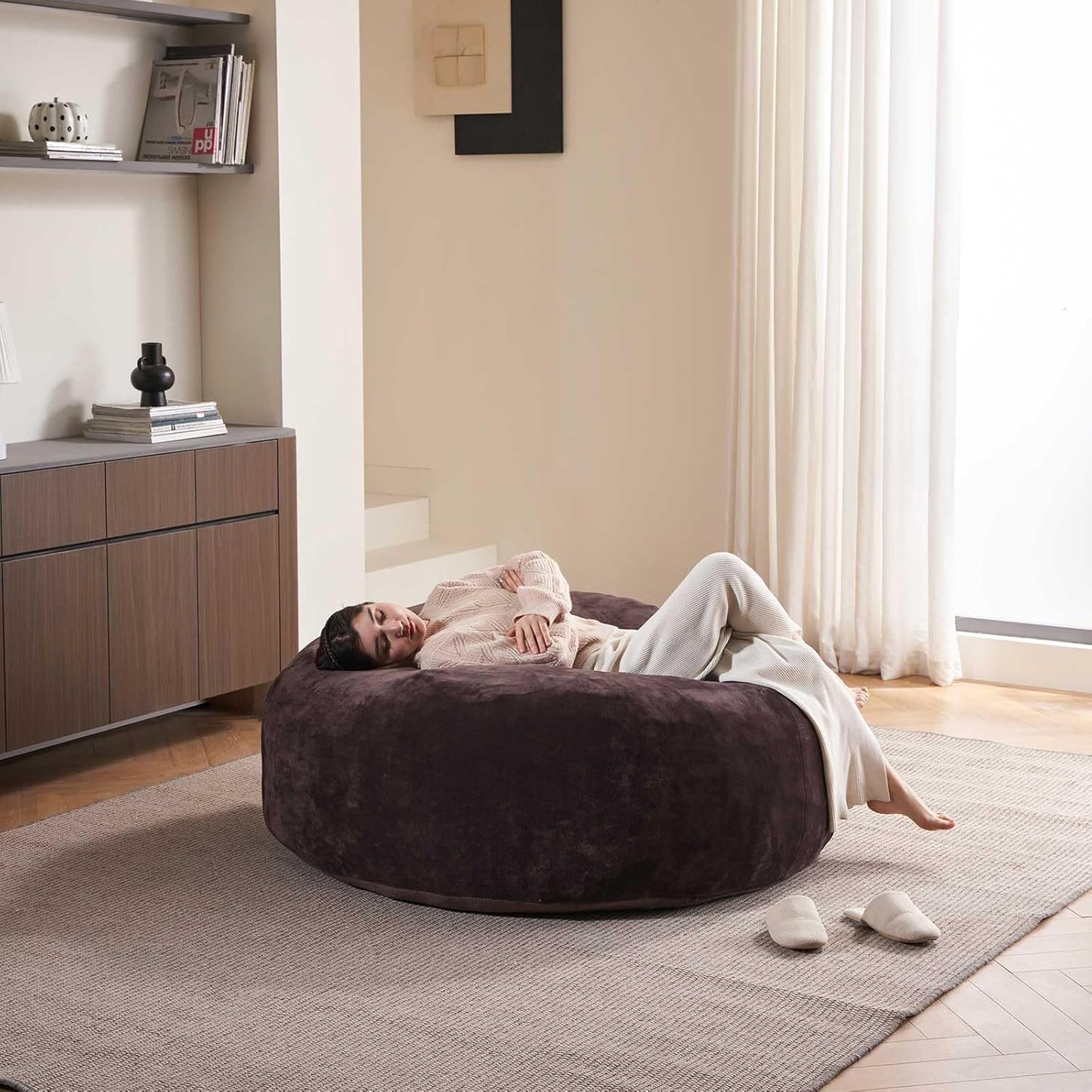 5FT，Big Bean Bag Chairs for Adults，Large beanbag with Filler Included，Memory Foam Material，Easy to Clean and Washable Corduroy Fabric，Suitable for Living Room and Bedroom (Brown, 5 Foot)