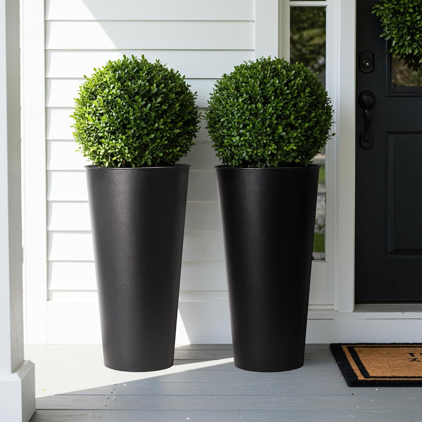 2-Pack 28" Tall Metal Planters - Heavy-Duty Round Flower Pots with Built-in Drainage + Rustic Industrial Finish, All-Climate Deck & Patio Ready Indoor/Outdoor Multi-Scene Garden Vessels