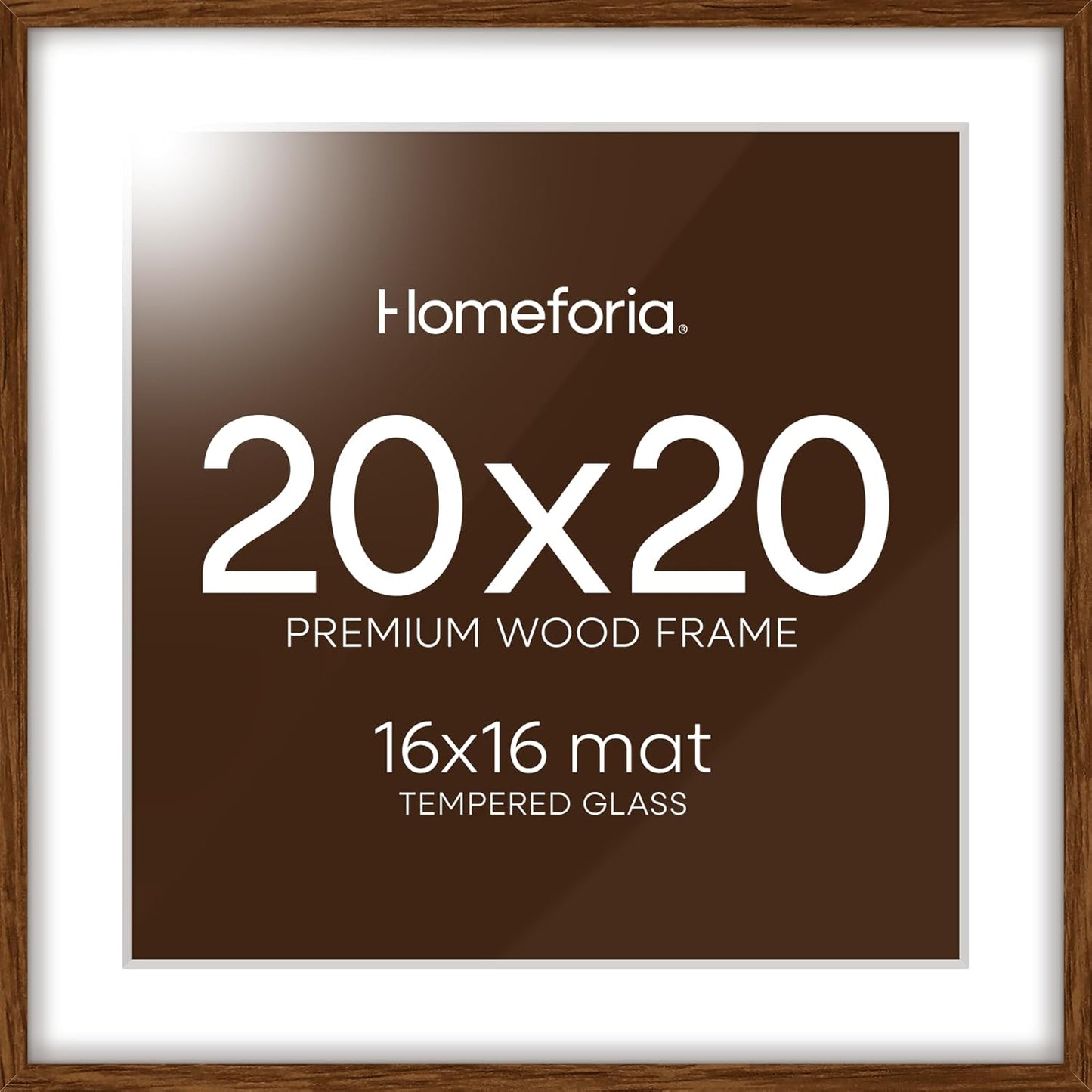 Homeforia 20x20 Brown Picture Frame, High End Dark Oak 20 x 20 Square Wood Frame with Mat 16 x 16 for Photo, 20by20 Wooden Walnut Poster Frame Matted to 16x16 Print, Tempered Glass, Wall Kit, Set of 1