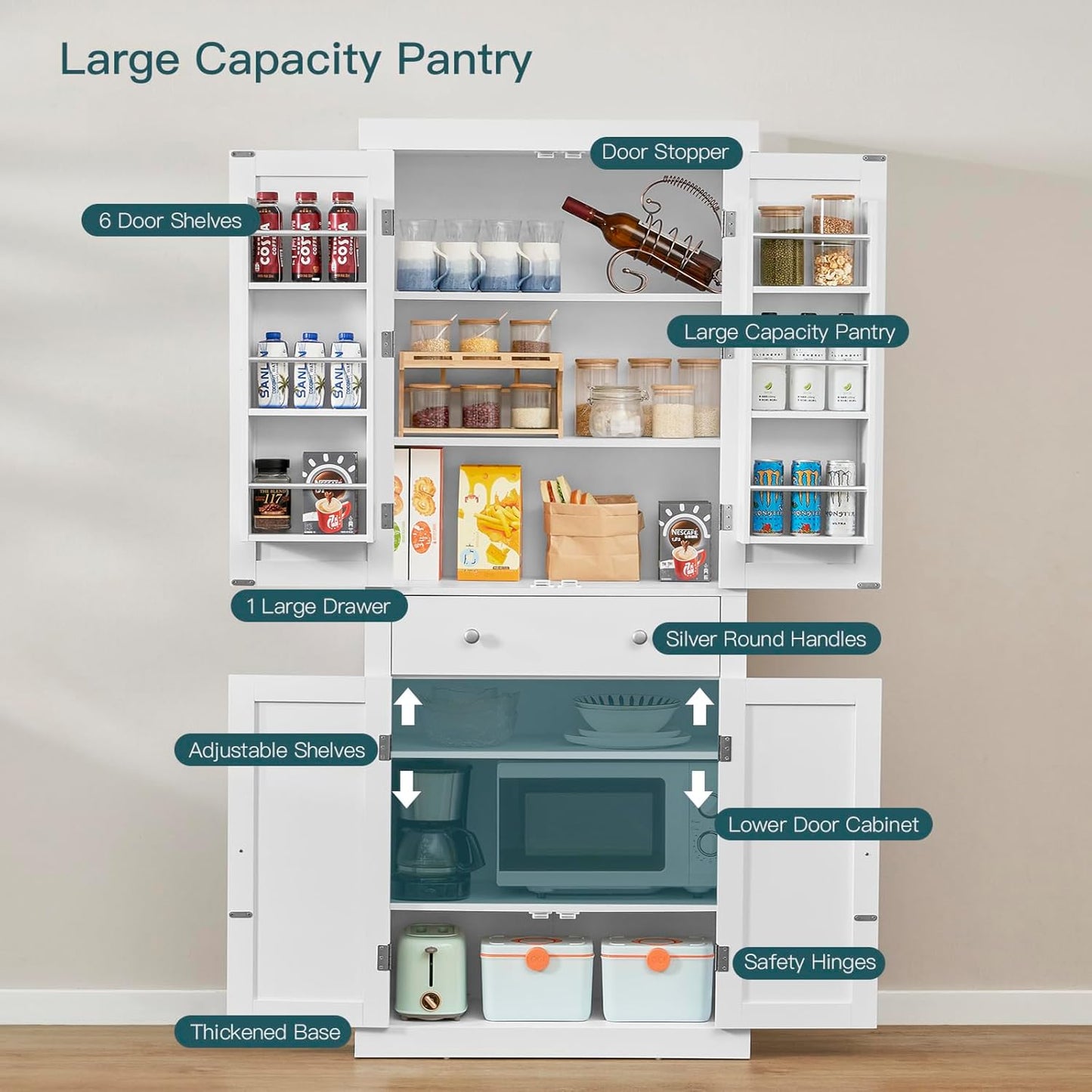 usikey 72” Pantry Cabinet, Tall Kitchen Storage Cabinet with 4 Doors and 1 Drawer, Cupboard with 6 Hanging Shelves and Adjustable Shelves for Kitchen, Dining Room, Living Room, White