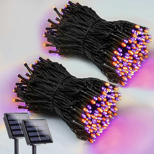 2 Pack 200 LED Solar Halloween Lights Outdoor Waterproof, Solar String Lights for Outside, Solar Tree Light with 8 Lighting Modes for Xmas Party Garden Yard Halloween Decorations (Orange and Purple)