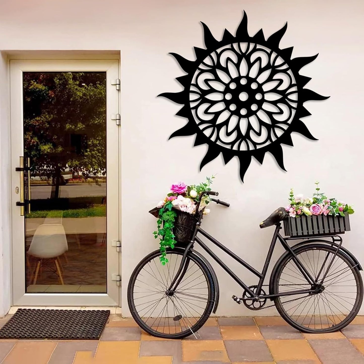 Sunburst Metal Wall Decor, Unique Sun Flower Design, Outdoor & Indoor Wall Art for Living Room, Bedroom, or Patio, Home Decor (Black, 24"x24"|60x60cm)