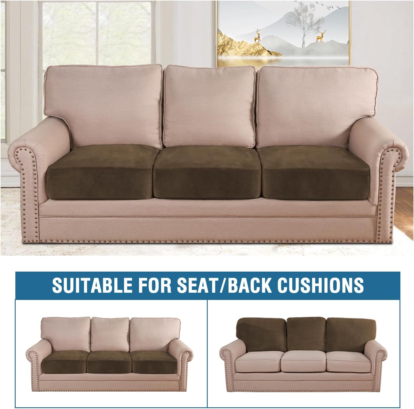 H.VERSAILTEX Velvet Stretch Couch Cushion Cover Plush Cushion Slipcover for Chair Loveseat Sofa Cushion Furniture Protector Seat Cushion Sofa Cover (3 Piece XL Sofa Cushion Covers, Bronze Brown)