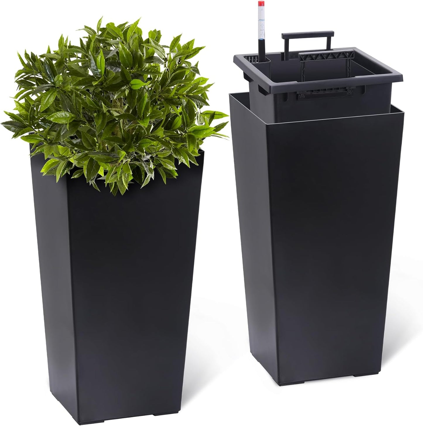 22.5" Tall Planters Set of 2, Outdoor＆Indoor Black Planter Pots, High Front Porch Planter Pots with Drainage Holes＆Water Level Monitor＆Inner Bucket, Automatic Watering, Black