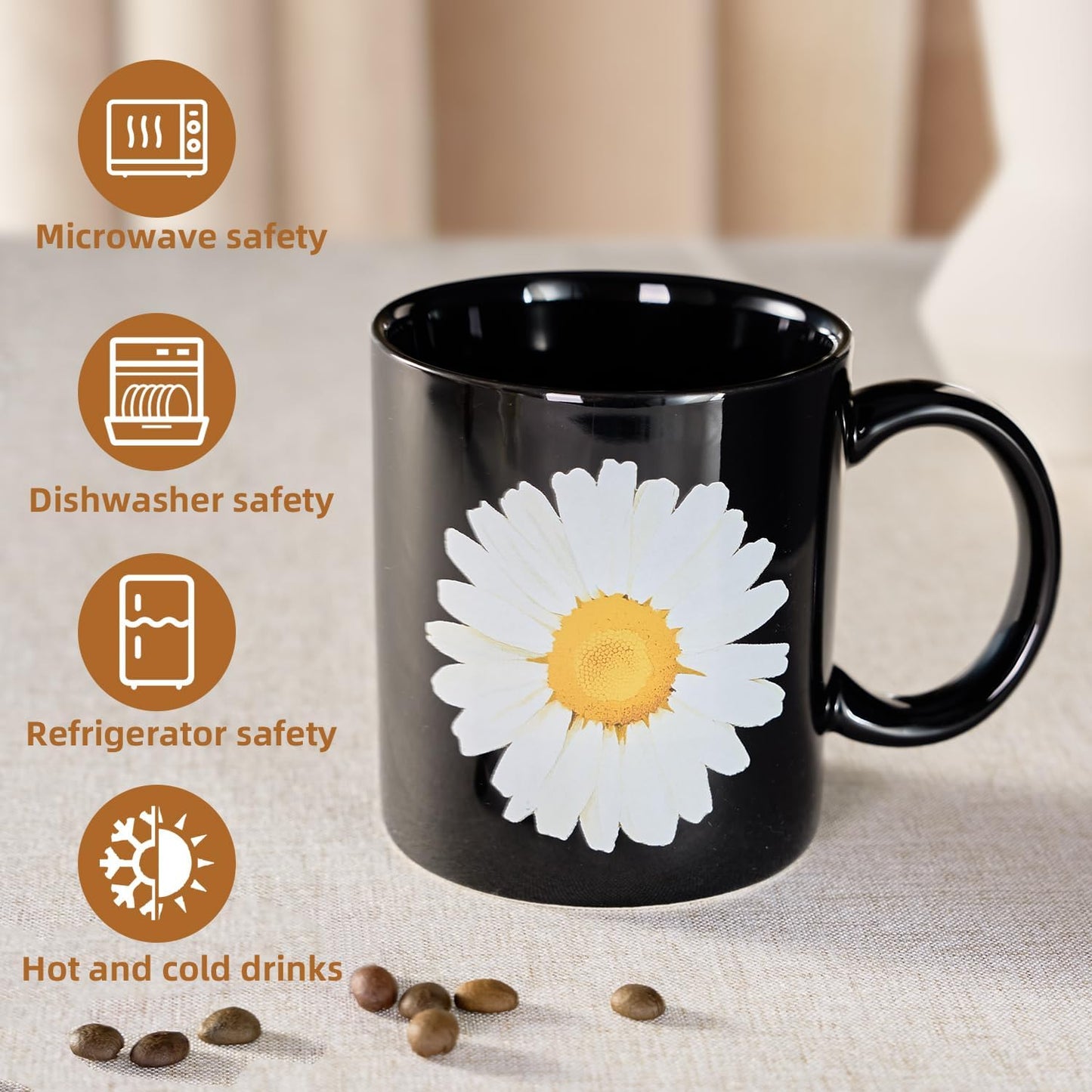 12Oz Daisy Black Ceramic Mug, Mug for Daily Coffee and Tea, Lead-free, Microwave and Dishwasher Safe Coffee Mug, Perfect gifts for women and men