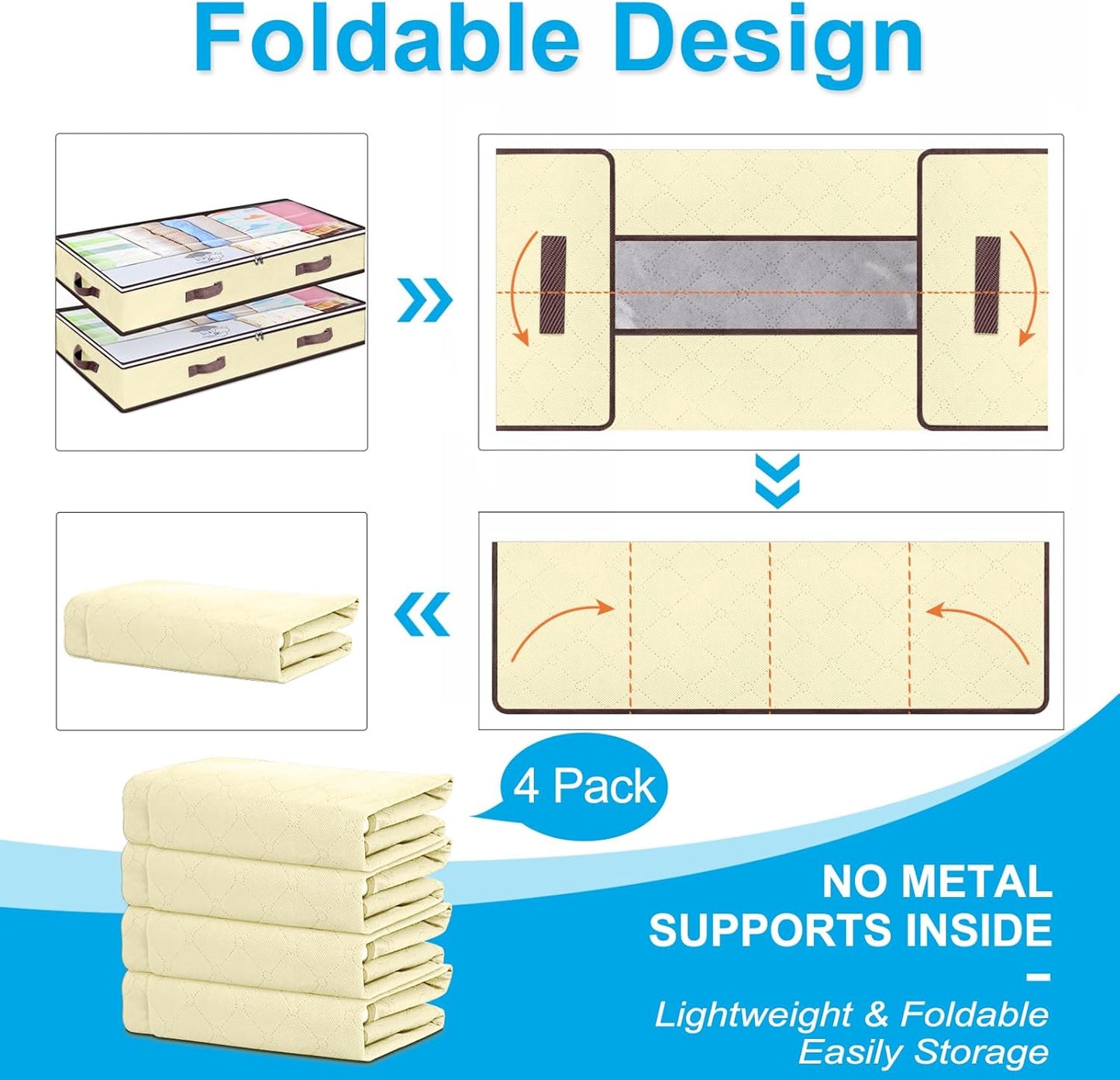 90L Under Bed Storage Containers, Closet Organizers and Storage Bins, Foldable Underbed Storage Bags for Blankets, Towels, Comforter, Sweaters, Pillows, Linen Sheets, Wrapping Paper, 4 Pack Beige