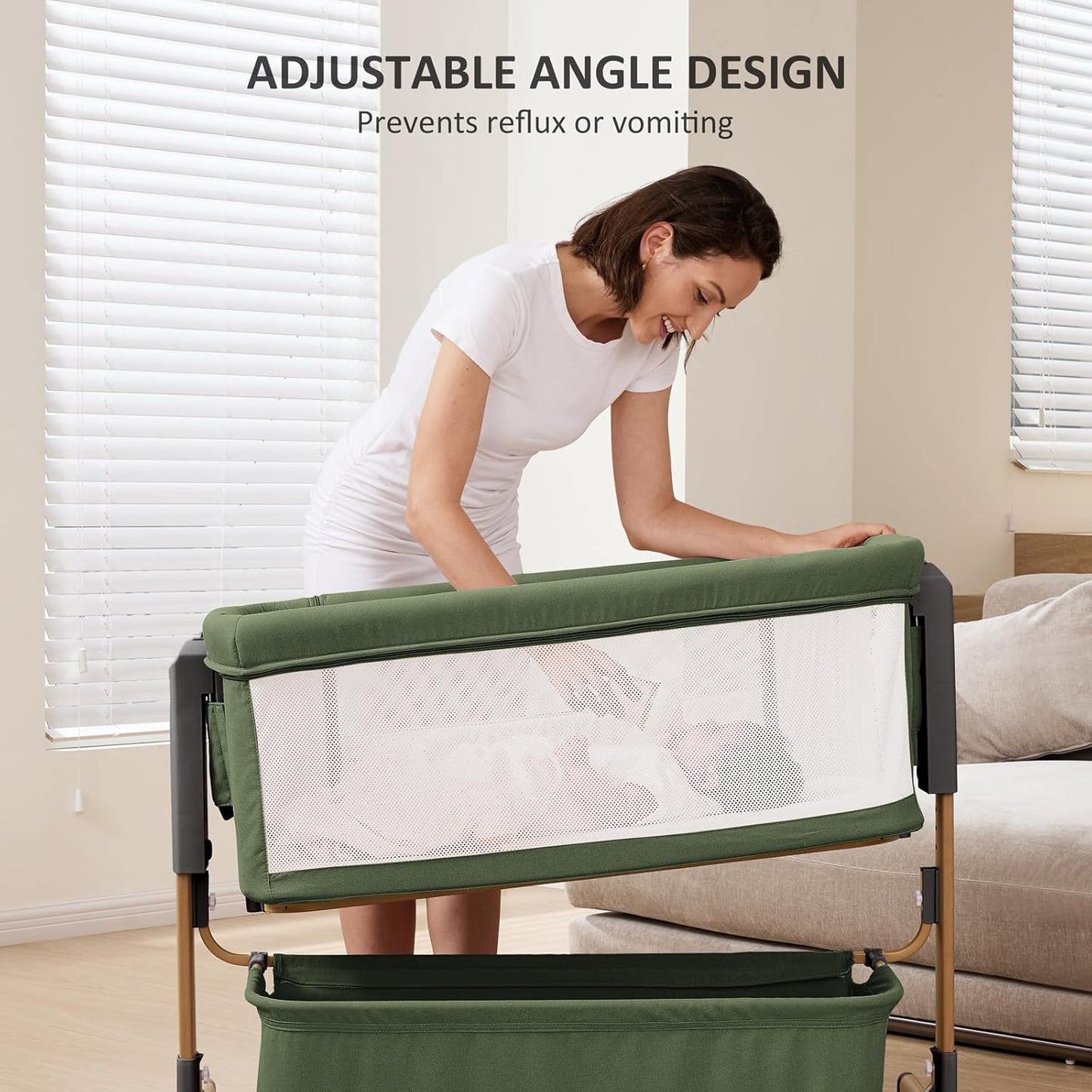 3 in 1 Baby Bassinet, Rocking Bassinet, Bedside Bassinet, 6-Height Adjustable, Bassinet Bedside Sleeper, Bedside Bassient for Baby with Comfy Mattress, Breathable Mesh, Large Storage Basket