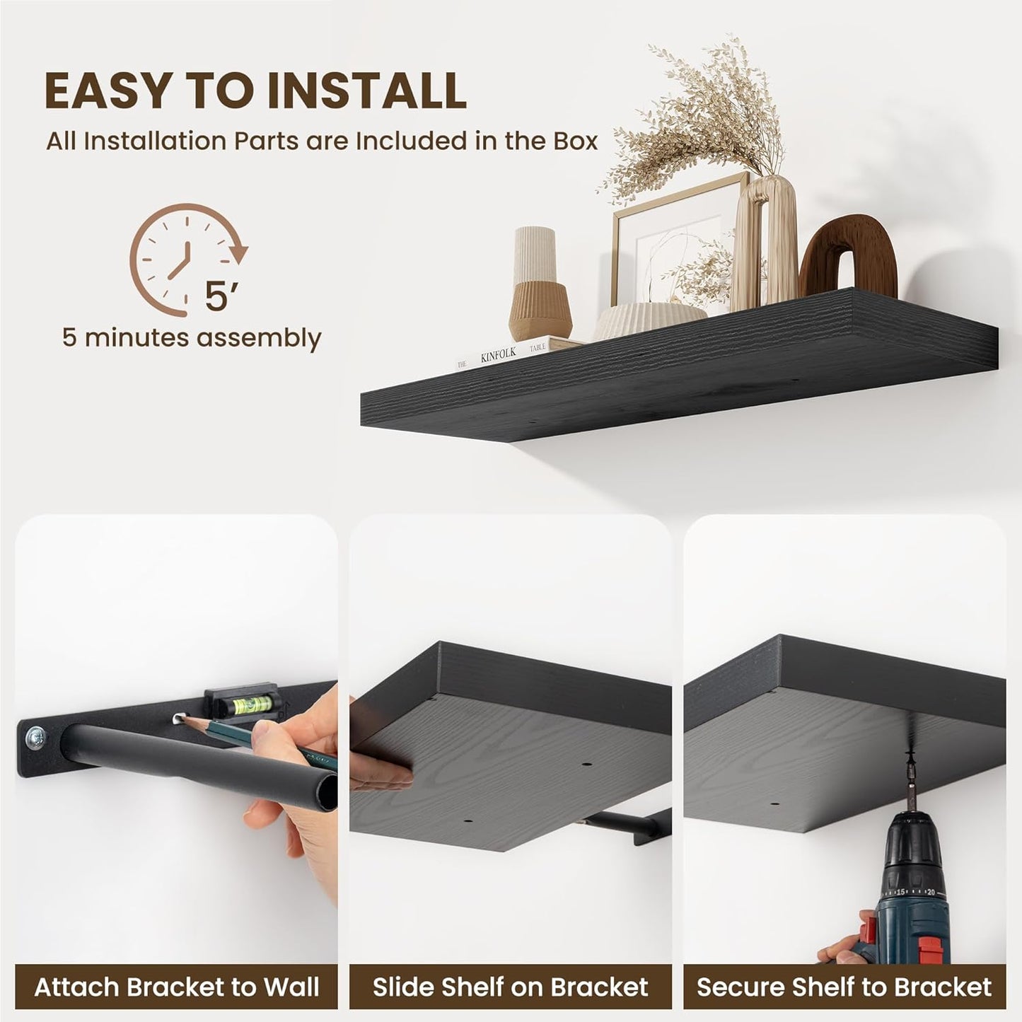 Fun Memories Floating Shelves for Wall, 32 Inch Long Floating Shelves Set of 2, 32 x 10 Wooden Shelves for Wall, Large Storage Shelves, Hanging Shelves for Bathroom Kitchen Bedroom, Black