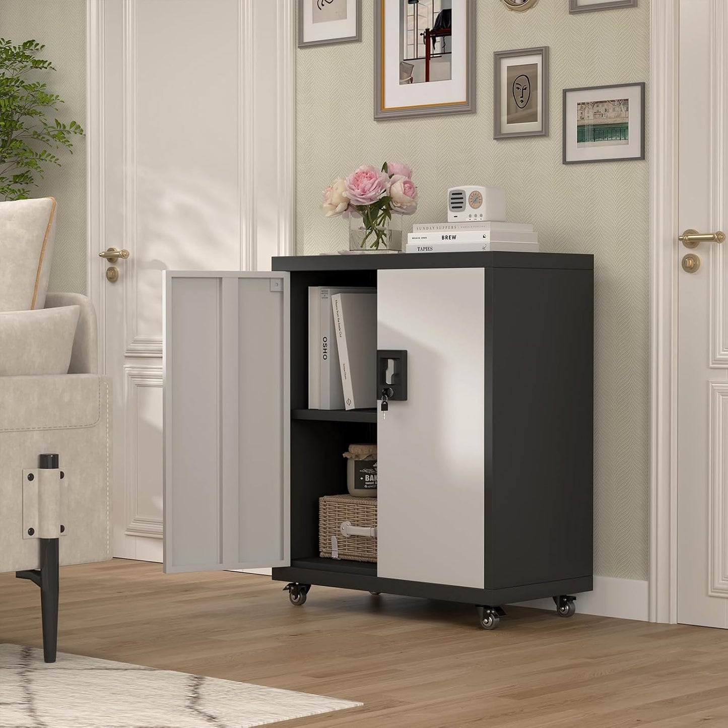 Locking Storage Cabinet,Steel Garage Cabinet with Wheels,Utility Tool Cabinet1 for Garage,Home Office and Warehouse