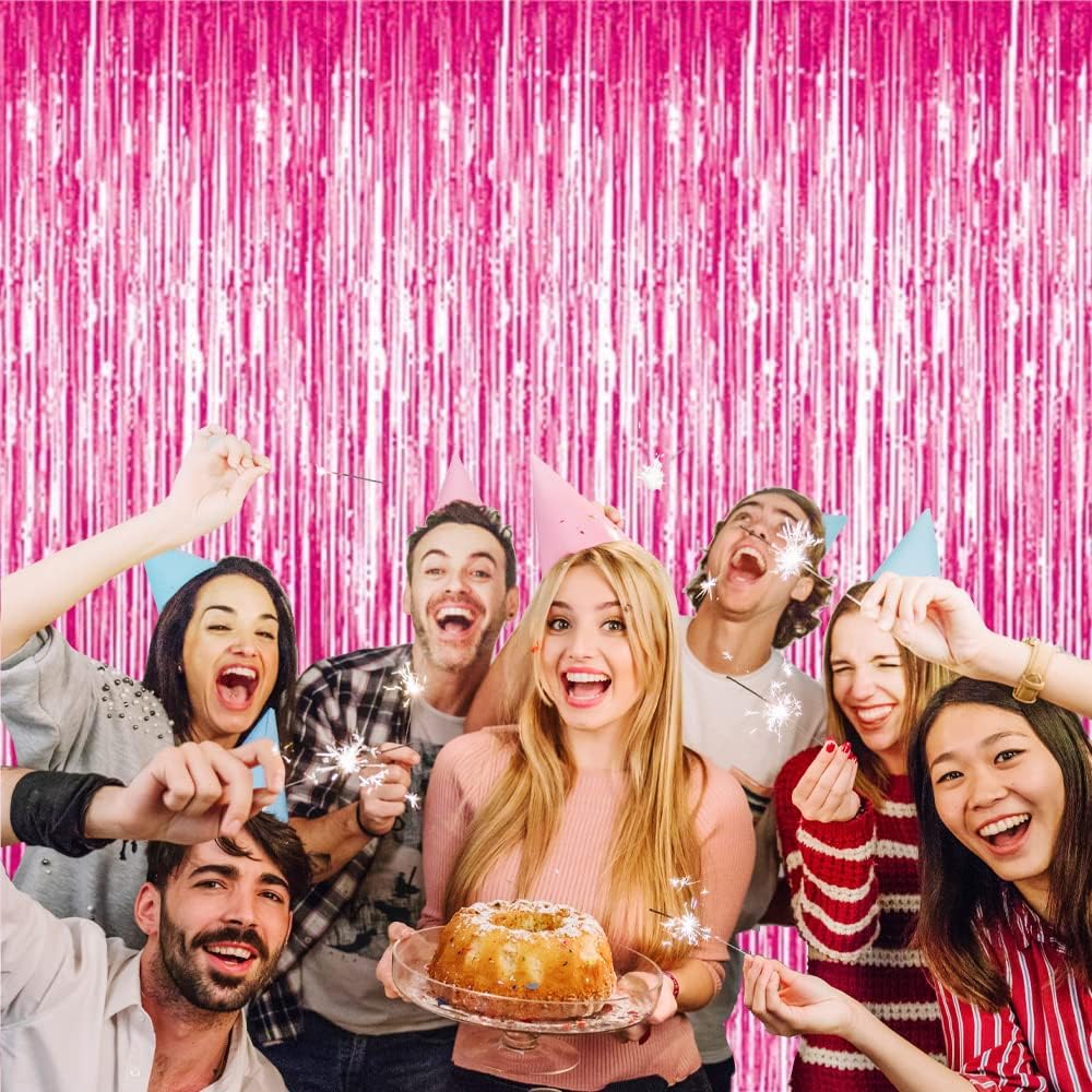 GOER 3.2 ft x 8.2 ft Metallic Tinsel Foil Fringe Curtains Party Photo Backdrop Party Streamers for Galentines Day,Birthday,Graduation,New Year Eve Decorations Wedding Decor (1 Pack, Hot Pink)
