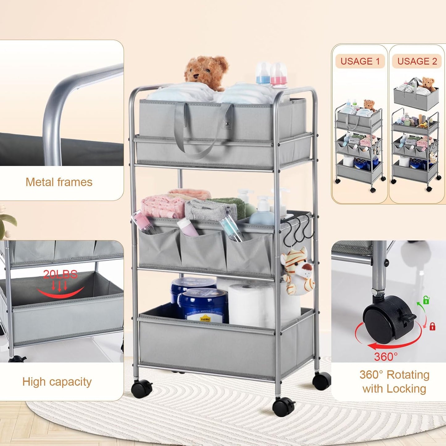 Honeydak 2in1 Baby Diaper Caddy Organizer Cart 3 Tier Large Capacity Metal Utility Bedside Rolling Cart with Divider for Newborn Nursery Essential Must Have for Crib Bedroom Baby Shower(Gray)