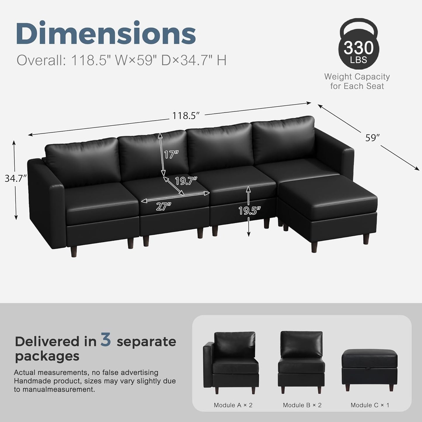 118.5" Faux Leather Modular Sectional Sofa, L Shaped Couch Set for Living Room, 5-Seater Comfy Cloud Couches with Movable Storage Ottoman,DIY Combination - Black