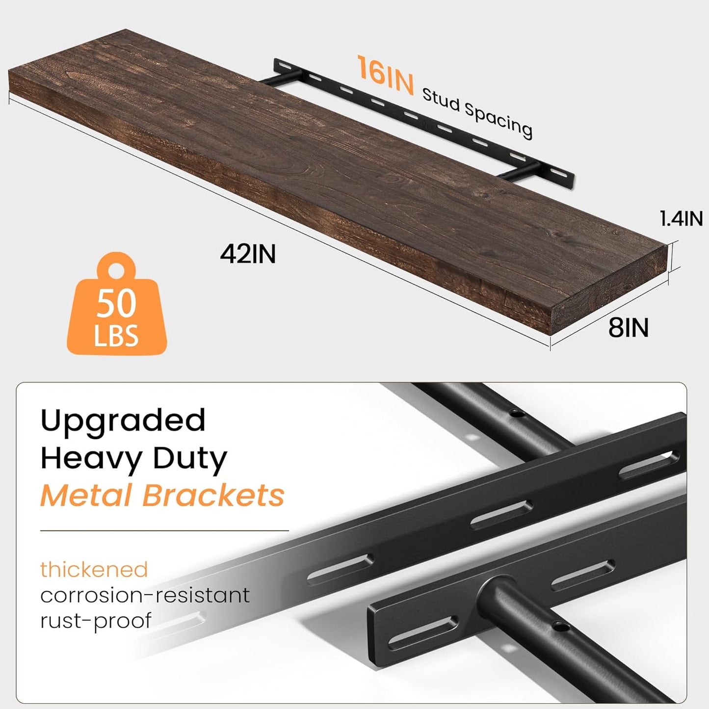 Fun Memories Solid Elm Wood Floating Shelves, 42 Inch Floating Shelves for Wall, Rustic Wooden Shelf Wall Mounted with Invisible Heavy-Duty Bracket for Books, Bathroom, Kitchen, Walnut Finish