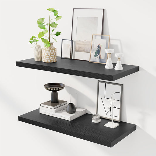 30" Floating Shelves for Wall, 12" Deep Slim Black Floating Shelves, Wall-Mounted Shelves for Bedroom, Living Room, Kitchen, Bathroom - Set of 2