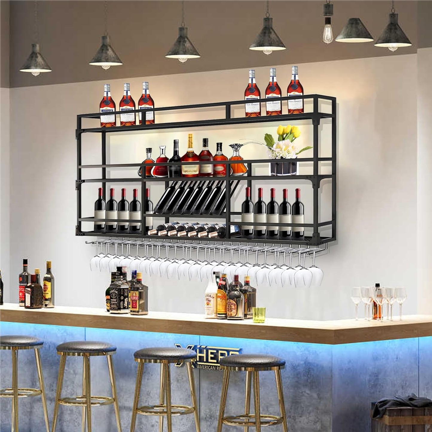 47.2in Wall Mounted Wine Rack, Wine Rack Wall Mounted With Wine Glass Rack, Metal Bar Bottle Display Shelf Wine Cups Hanging Holder, For Home Bar Cafe Dining Room Decoration (BLACK, 47.2*10*35.5inch)