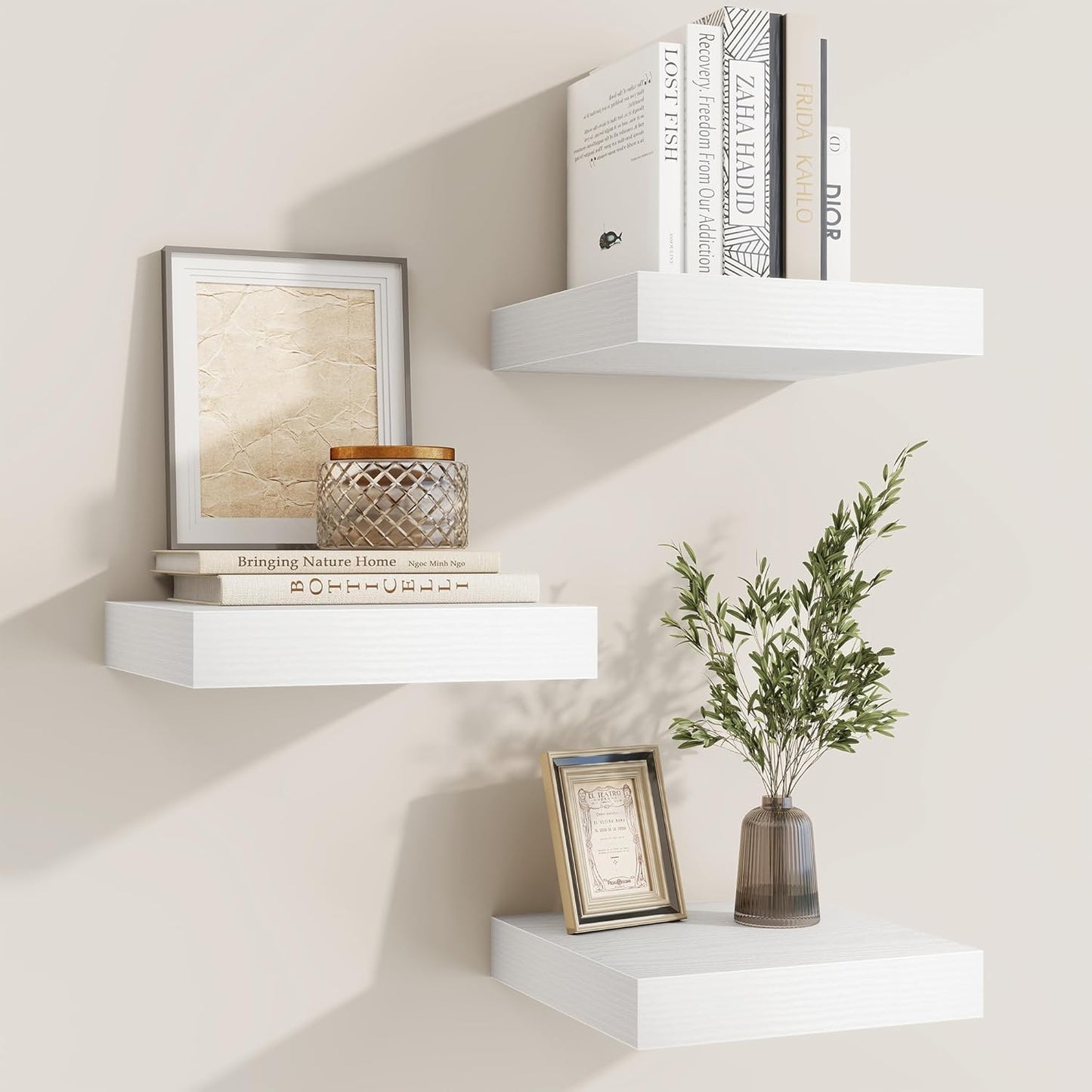 fuqing Floating Shelves for Wall, Bathroom Shelf Wall Mounted for Storage, Shelves with Invisible Bracket for Bedroom, Kitchen, Living Room, Farmhouse Small Book Shelf, 6.5 Inch Set of 3, White
