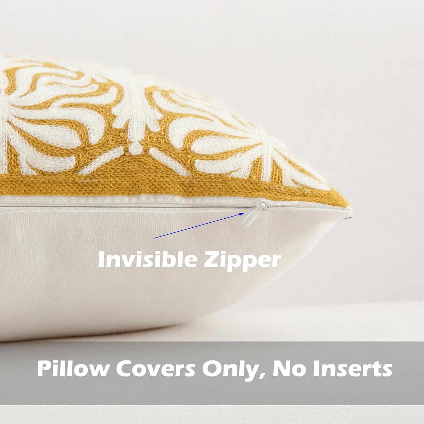 HWY 50 Mustard Yellow Decorative Lumbar Pillow Cover Rectangle 12x20 Inch (1 Piece), Embroidered Cotton Farmhouse Cushion Cover Pillow Case for Sofa Couch Living Room Bed, Minimalist Floral