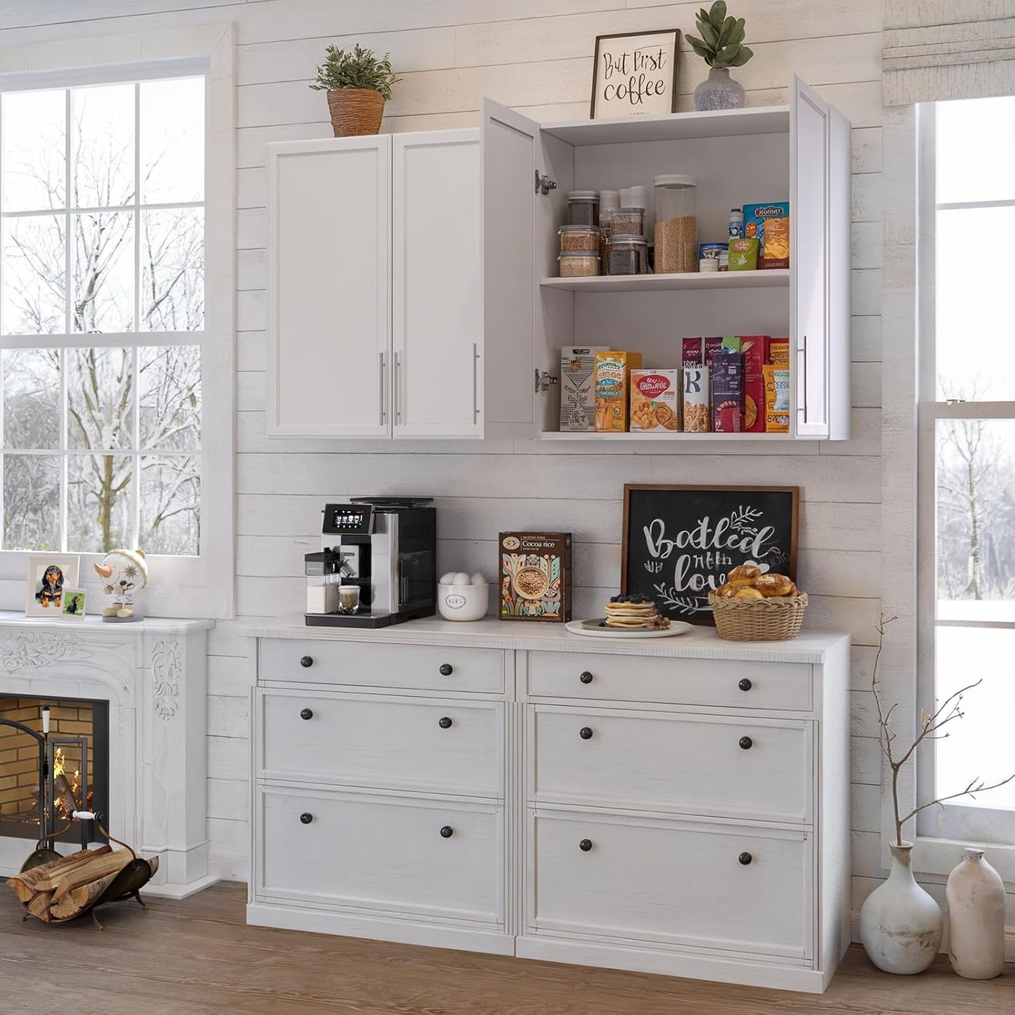 FIMELLO 60" Laundry Room Wall Cabinets with Adjustable Shelf, Large Wall Storage Cabinet, White Wall Cabinet with Doors, Upper Kitchen Cabinet, Cabinets for Laundry, Bathroom, Kitchen -White