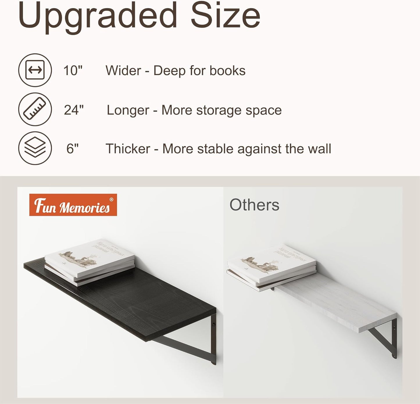 Deep Black Floating Shelves for Wall, 24"W x 10"D Wall Shelves Set of 2, 10 Inch Deep Floating Shelf with Brackets, Wide Display & Storage Shelves for Books, Living Room, Kitchen, Bathroom