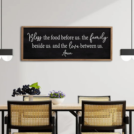 Bless the Food Before Us Sign Wall Decor 40"X15" Large Farmhouse Dining Room Wall Decor Framed Wood Rustic Home Wall Art Kitchen Decoration (Wood Black)